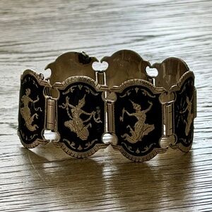 Vintage Siam Sterling Silver Niello 7 Panel Bracelet Mid-Century Boho Jewelry